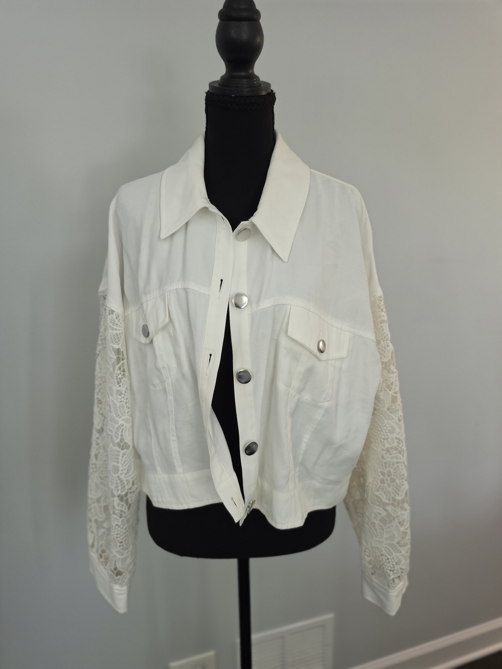 INC International Concepts White Lace-Sleeve Jean Jacket